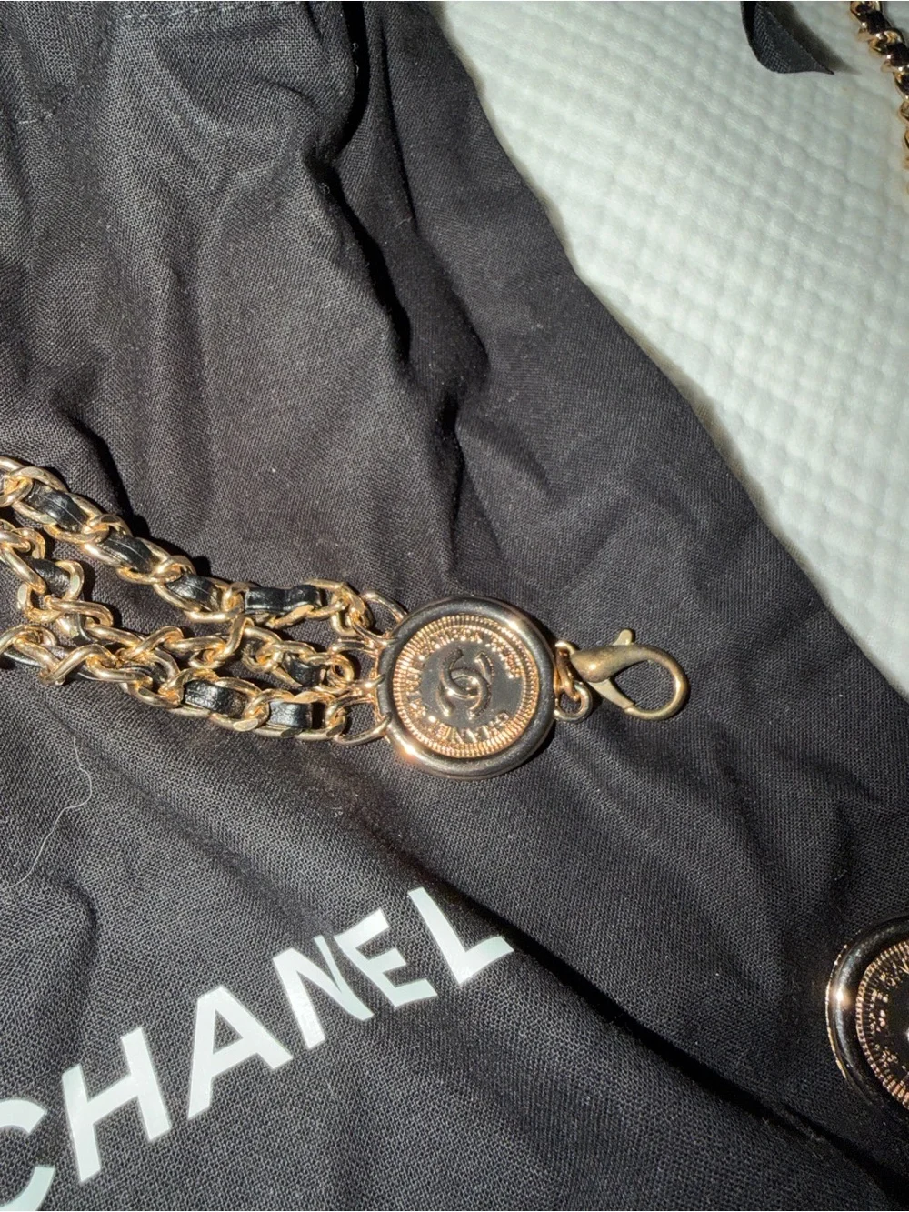 CHANEL Gold and Black Chain Crossbody Strap with Medallion Accents